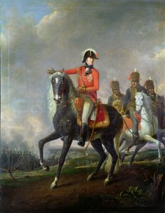 Equestrian portrait of the Duke of Wellington with British Hussars on a battlefield, 1814