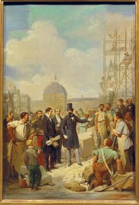 Napoleon III visits the building site of the New Louvre