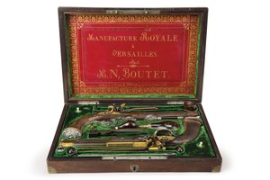 A pair of silver-mounted rifled flintlock pistols, Versailles by Nicolas Noel Boutet