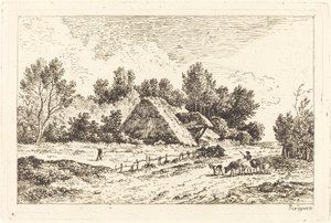 A Low Cottage with a Herdsman Leading His Flock by Nicolas Perignon