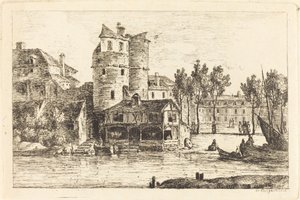 Town on a River Bank with Two Round Towers by Nicolas Perignon