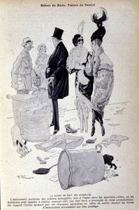 Paris: waste accumulates in the street in front of elegantly dressed people. Illustration of the French press by H. Tournier