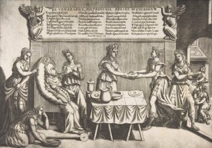 Venerable Idleness, Queen of Cockaigne, a fat woman seated on a movable toilet chair by Nicolo Nelli