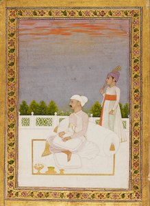 Nobleman, possibly Mir Qasim, seated on a terrace with attendant by Nidhama