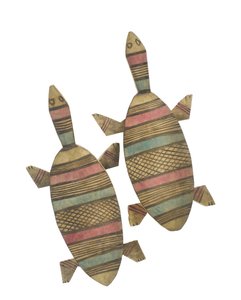 Carved wooden tortoise figures decorated with red, green and black painted geometric patterns, Hausa People, Kano, Northern Nigeria