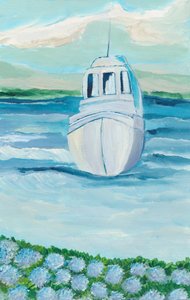 White Boat Blue Hydrangeas by Nikita Jariwala