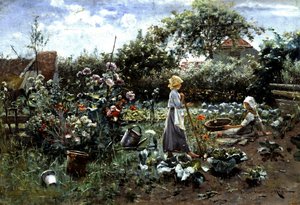 In the Vegetable Garden. Two young girls discuss in a vegetable garden. One of them gardens and the other picks vegetables. Painting by Nikola Masic (1852-1902) Private collection by Nikola Masic