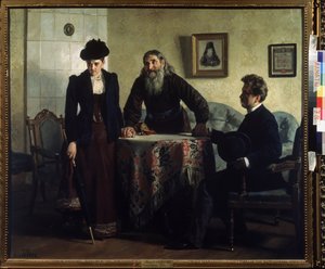 An Admonition. A couple in marital crisis visits an Orthodox priest and receives a moral lesson. Painting by Nikolai Vasilyevich Nevrev (1830-1904) by Nikolai Vasilievich Nevrev