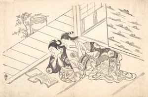 Two Women Reclining on the Floor of a Room and Reading a Book, ca. 1730 by Nishikawa Sukenobu