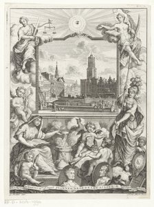 City View with Dom Church in Utrecht and Allegory with Utrecht City Maiden, Title Page for: Elias de Vries, Dissertatio Juridica, de Jure Naturali ac Gentium, seu Duobus Prioribus Juris Fontibus, 1745 by Noach van der Meer (I)
