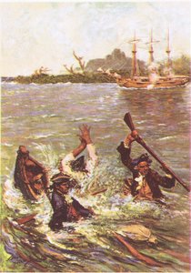 The boat sank by the stern in three feet of water, from Treasure Island published by MacDonald 1947 by Norman Mills Price