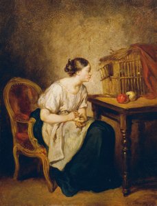 Young Woman with Birdcage by Octave Nicolas Francois Tassaert