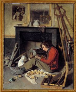 Workshop Interior. A Painter Near His Fireplace. Painting by Octave Tassaert (1800-1874), 1845