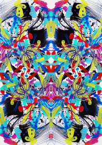Zen Ink Blue Red Yellow Floral Pattern by Odilia W. Y. Fu