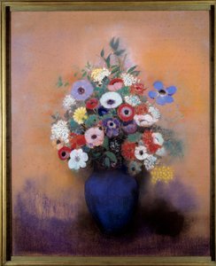 Anemones and lilacs in a blue vase