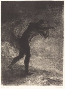 And Man appeared; questioning the earth from which he emerged and which attracts him, he made his way toward somber brightness by Odilon Redon