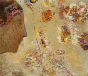 Woman in Profile with Butterfly and Flowers