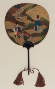Fan; on one side Narihira and the pilgrim; on the other, chrysanthemums and a brook, Edo period, late 17th- early 18th century