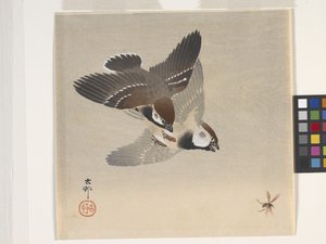 Sparrows Chasing Flying Insect by Ohara Koson