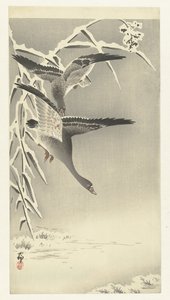 Two White-fronted Geese in a Snowy Landscape by Ohara Koson