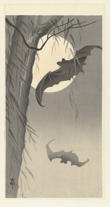 Two Bats by Full Moon by Ohara Koson