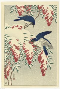 Flycatchers on a Nandina Bush by Ohara Koson
