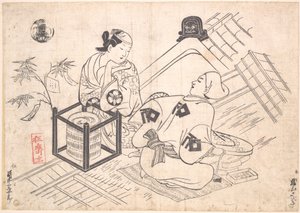 Katsuyama Matagoro as a Yane-chi Seated on a Straw Mat on the Tiled Roof of a House by Okumura Masanobu