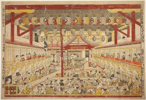 Large Perspective Picture of the Kaomise Performance on the Kabuki Stage by Okumura Masanobu