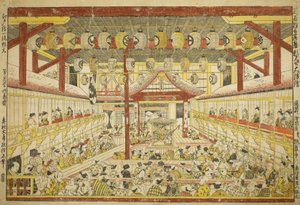 Large Perspective Picture of the Kaomise Performance on the Kabuki Stage by Okumura Masanobu