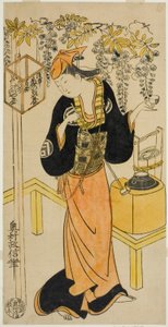 The Actor Sanogawa Mangiku I as Ohatsu in the play "Sogazaki Shinju," performed at the Nakamura Theater in the fourth month, 1719 by Okumura Masanobu