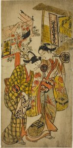 The Actors Sanjo Kantaro II as Osome and Ichikawa Monnosuke as Hisamatsu in the Play "Osome Hisamatsu Tamoto no Shiro Shibori," Performed at the Morita Theater, 1720 by Okumura Masanobu