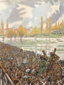 Napoleon Crossing the Bridge at Elster with His Army, with an Ominous Looking Sky by Onfray de Breville Job