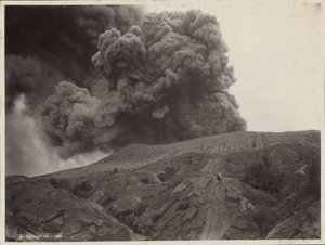 Man with Horse by a Smoking Volcano in the Dutch East Indies by Onnes Kurkdjian