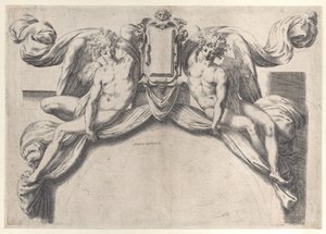 Two angels supporting a cartouche or shield by Orazio de Sanctis