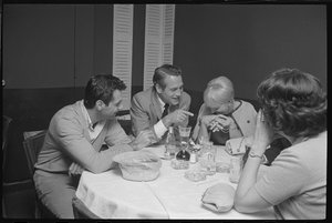 Paul Newman, Mort Sahl and Joanne Woodward Joking at Dinner