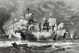 The Vanguard, under Sir William Winter, engaging the Spanish Armada, from 