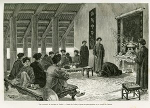 A wedding ceremony at Tonkin. Engraving to illustrate the story Trente mois au Tonkin, in 1884, by Dr Paul Hocquard, in le tour du monde 1890, under the direction of Edouard Charton, Hachette, Paris. by Oswaldo Tofani