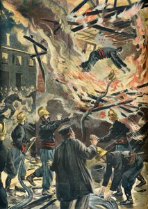 Death of Fireman Bailly during a Mill Fire in Bourges in 1898 (Engraving) by Oswaldo Tofani