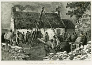 Eviction scene. Engraving to illustrate the story Trois mois en Irlande, in 1889, by Marie Anne de Bovet, in le tour du monde 1890, directed by Edouard Charton, Hachette, Paris.
