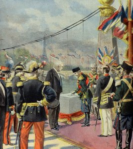 Nicolas II Lays the First Stone of the Alexandre III Bridge, in the Presence of Felix Faure, Paris 1896 (Engraving) by Oswaldo Tofani