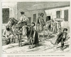 Small businesses, newspaper dealers, dairy, fruit vendors etc... in the streets of Buenos Aires (Argentina). Engraving by Tofani to illustrate the story Voyage a la Plata, three months of vacation by Emile Blaireaux in 1886, in the tour du monde 1887, unde by Oswaldo Tofani