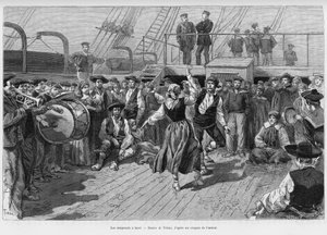 The emigrants on board. Engraving to illustrate the story Voyage a la Plata, three months of vacation by Emile Blaireaux in 1886, in the tour du monde 1887, under the direction of Edouard Charton, Hachette, Paris.