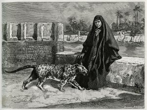 Torkan Khanoum, favorite of Sheikh Moses, powerful tribal leader of Arabistan with his panther. Engraving by Tofani, to illustrate the story 