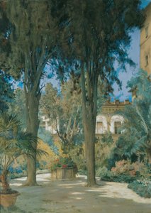 View of the Embassy in Rome: Garden Scene with Two Cypresses