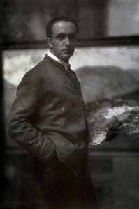 Three-quarter-length portrait of Cesare Maggi. The painter, dressed in smock, is holding a palette in his left hand. In the background the canvas he is working on