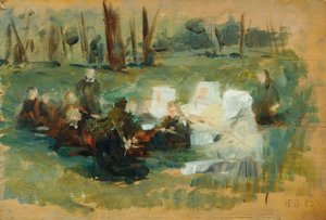 Group of Children with Three White-Clad Nuns and a Clergyman on a Forest Meadow in the Sun by Otto Friedrich