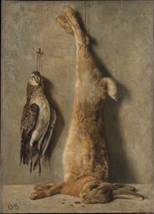 Still Life with Dead Hare and Guinea Fowl in Front of a Grey Wall