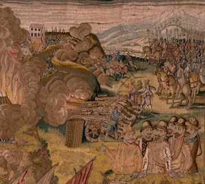 Triumphs and battles of Archduke Albert. Night assault on Ardres or Capture of the low town of Ardres. Third tapestry in the series