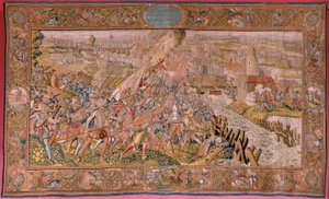 Flemish Tapestry. Series Triumphs and Battles of Archduke Albert. Surprise at Calais. First Tapestry in the Series. Model Otto van Veen and Hans I Snellinck. Manufacture Martin Reynbouts, Brussels. 1597-1599. Fabric Gold, Silver, Silk and Wool.