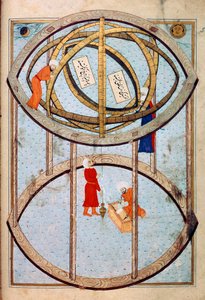 Astronomers manipulating a huge armillary sphere and tools to measure longitude and latitude
